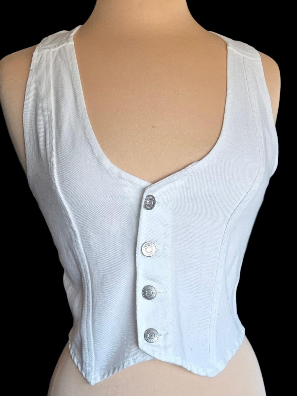 Forever 21 White Button-Front Denim Crop Top Sz M